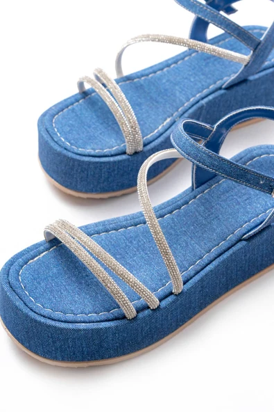 861-1017 Mavi Kot Taşlı Dolgu Topuklu Kadın Sandalet - Resim 4