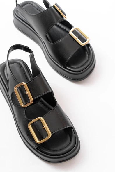 1187 Siyah Dolgu Topuk Lastik Baretli  Kadın Sandalet - Resim 4