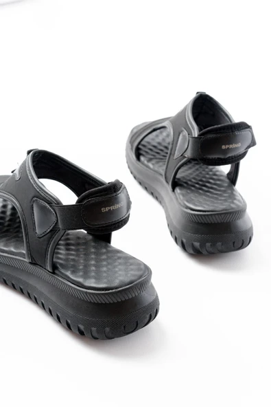 T-221 Siyah Spring Paraşüt Kumaş Lastikli Ortopedik Kadın Sandalet - Resim 3