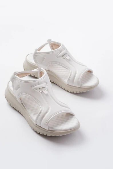 T-221 Beyaz  Spring Paraşüt Kumaş Lastikli Ortopedik Kadın Sandalet - Resim 4