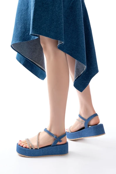 861-1017 Mavi Kot Taşlı Dolgu Topuklu Kadın Sandalet - Resim 2