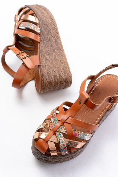 684-02 Taba Garni Ortopedik Hakiki Deri Dolgu Kadın Sandalet - Resim 4