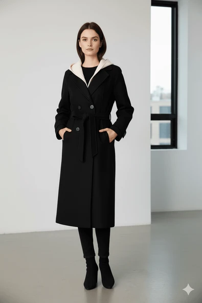 KADIN KAPŞONLU KEMERLİ DÜĞMELİ KABAN - Resim 11