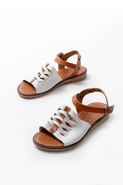 205-029 Beyaz Ortopedik Hakiki Deri Kadın Sandalet - Resim 5