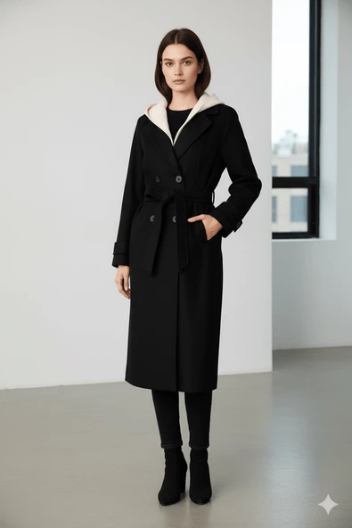 KADIN KAPŞONLU KEMERLİ DÜĞMELİ KABAN - Resim 8