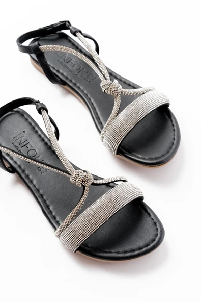 152-1104 Siyah Gümüş Taşlı Günlük Kadın Sandalet - Resim 4