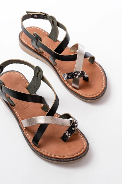 205-08 Siyah Garni  Ortopedik Hakiki Deri Kadın Sandalet - Resim 4