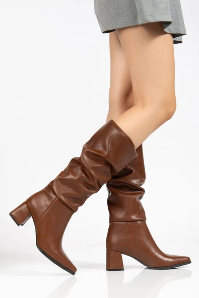 Kadın Taba Cilt Körüklü Uzun Sivri Burunlu Topuklu Çizme - Resim 2