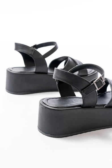 861-1005 Siyah Günlük Çapraz Dolgu Topuk Kadın Sandalet - Resim 5