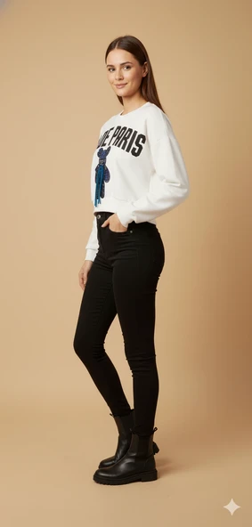 Kadın Ayı Figürlü Crop Sweat Payetli Teddy Bear İpli Detaylı Yazılı Yuvarlak Yaka Kısa Swat - Resim 4