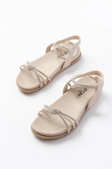 1001-1120 Bej Gümüş Taşlı Günlük Kadın Sandalet - Resim 3