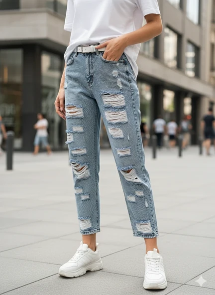 Kadın Yırtık Kot Pantolon Payetli Figür Detaylı Yüksek Bel Bol Kesim Mickey Mouse Desenli Jean ürün görseli