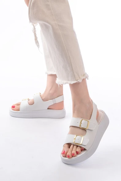 24422-1185 Beyaz Dolgu Topuk Kadın Sandalet - kopya - Resim 2