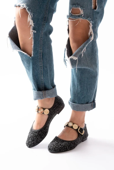 İNF-6363 Siyah Havlu Desenli Baret Tokalı Günlük Bayan Ayakkabı ürün görseli