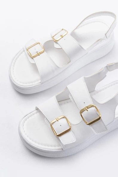 24422-1185 Beyaz Dolgu Topuk Kadın Sandalet - kopya - Resim 4