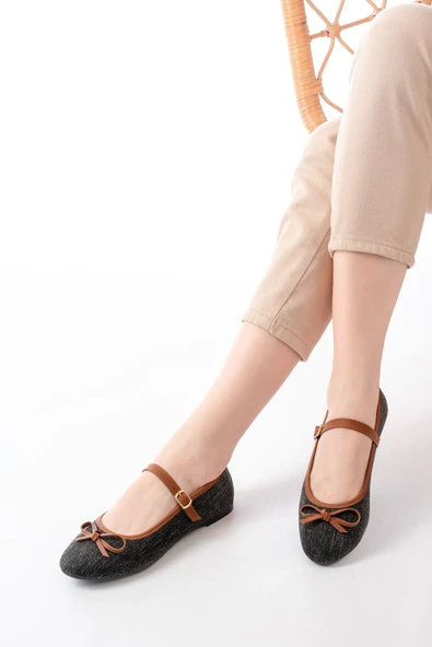 6321 Siyah Keten Günlük Baret Tokalı Bayan Babet - Resim 2