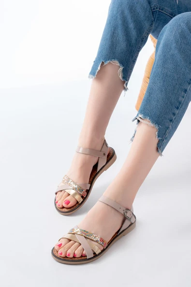 205-015 BeJ Garni Ortopedik Hakiki Deri Kadın Sandalet - Resim 4