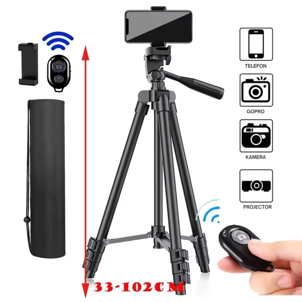 ShopyTech 102 cm Hafif Tripod  Telefon/Kamera Uyumlu Bluetooth Uzaktan Deklanşörlü 360° 3-Yönlü Kafa/SİYAH - Resim 3