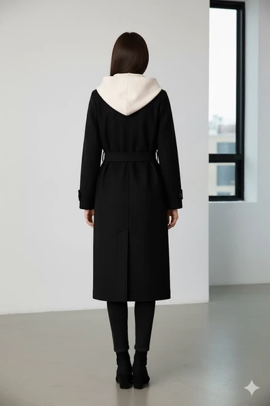 KADIN KAPŞONLU KEMERLİ DÜĞMELİ KABAN - Resim 9