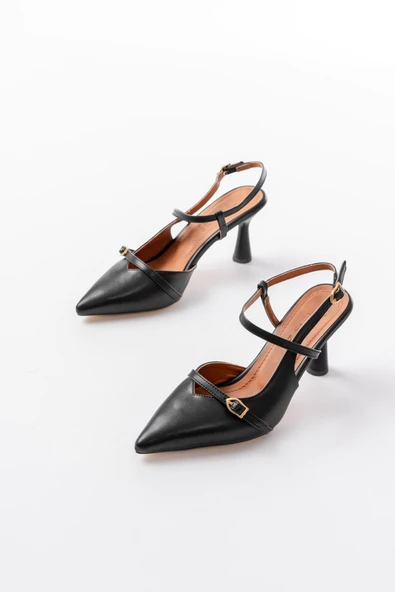 K-6722 Siyah Cilt Toka Detaylı Sivri Burun Kadın Ayakkabı - Resim 3