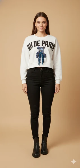 Kadın Ayı Figürlü Crop Sweat Payetli Teddy Bear İpli Detaylı Yazılı Yuvarlak Yaka Kısa Swat ürün görseli 1