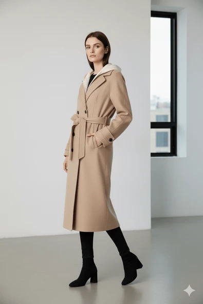 KADIN KAPŞONLU KEMERLİ DÜĞMELİ KABAN - Resim 4