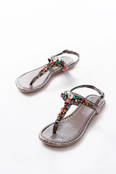 152-1110 Platin Multi  Taşlı Parmak Arası Kadın Sandalet - Resim 4