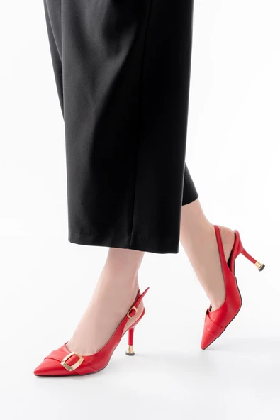 İNF-1151 Kırmızı Günlük Arkası Açık Topuklu Bayan Ayakkabı ürün görseli