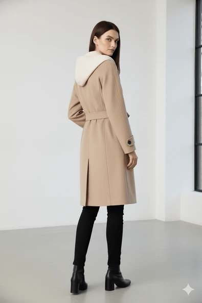 KADIN KAPŞONLU KEMERLİ DÜĞMELİ KABAN - Resim 2