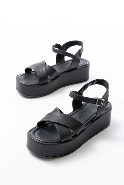 861-1005 Siyah Günlük Çapraz Dolgu Topuk Kadın Sandalet - Resim 3