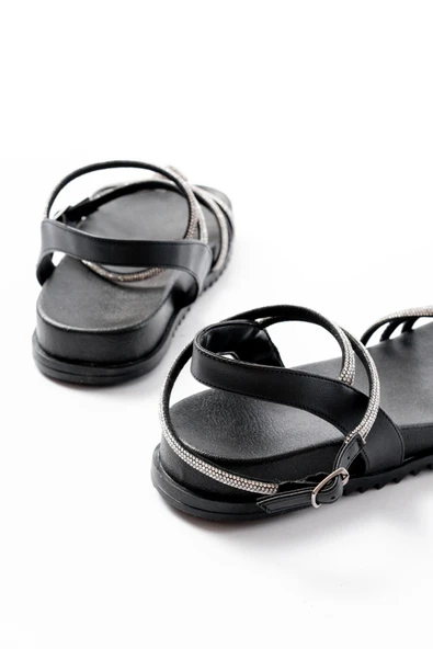 1001-1120 Siyah Gümüş Taşlı Günlük Kadın Sandalet - Resim 5