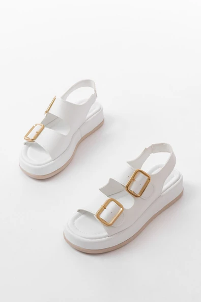 1187 Beyaz Dolgu Topuk Lastik Baretli  Kadın Sandalet - Resim 4