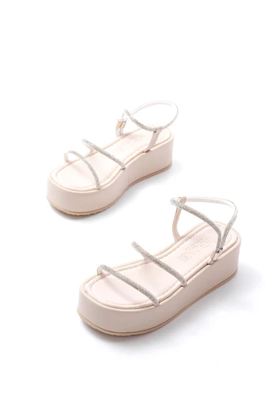 861-1008 Bej Gümüş Taşlı Dolgu Topuklu Kadın Sandalet - Resim 3