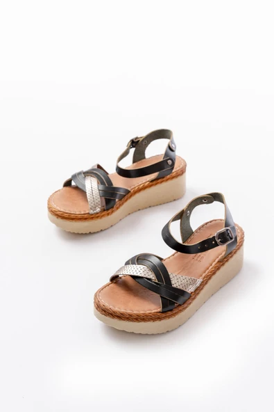 730-037 Siyah Ayna Hakiki Deri Ortopedik Taban Kadın Sandalet - Resim 3