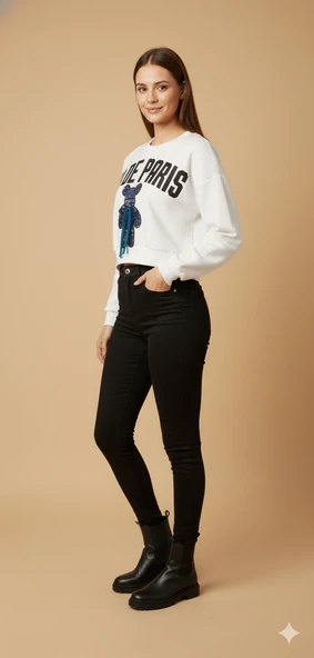 Kadın Ayı Figürlü Crop Sweat Payetli Teddy Bear İpli Detaylı Yazılı Yuvarlak Yaka Kısa Swat - Resim 3