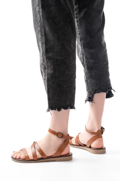 205-209 Taba  Hakiki Deri Tokalı Parmak Arası Kadın Sandalet - Resim 4