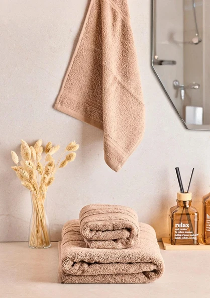 Towy Beige 100% Pamuk 3'lü Banyo Havlusu Seti - Resim 3