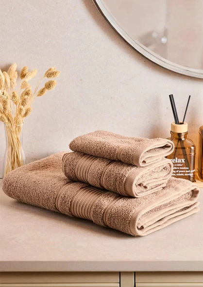 Towy Beige 100% Pamuk 3'lü Banyo Havlusu Seti - Resim 2