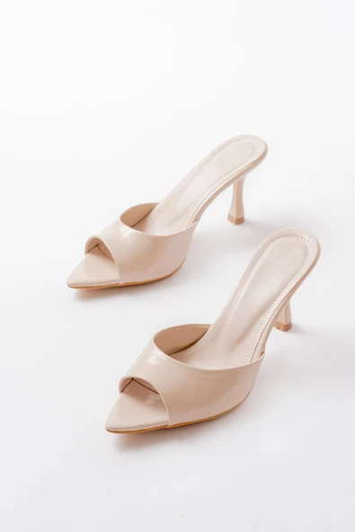 716 Bej Rugan Sivri Burunlu Topuklu Kadın Terlik - Resim 4