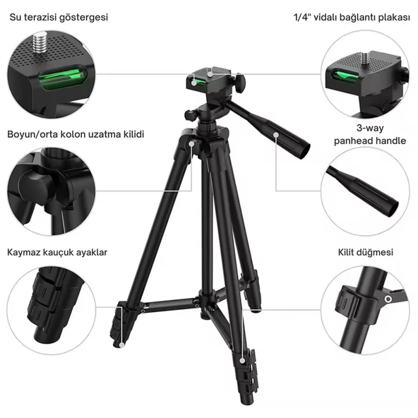 ShopyTech 102 cm Hafif Tripod  Telefon/Kamera Uyumlu Bluetooth Uzaktan Deklanşörlü 360° 3-Yönlü Kafa/SİYAH - Resim 4