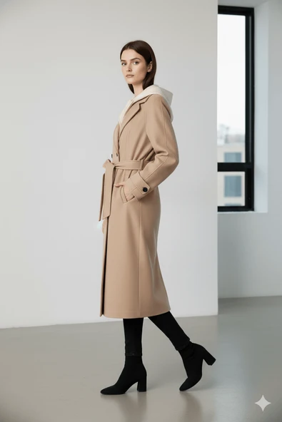 KADIN KAPŞONLU KEMERLİ DÜĞMELİ KABAN - Resim 3