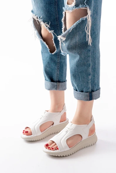 T-221 Beyaz  Spring Paraşüt Kumaş Lastikli Ortopedik Kadın Sandalet ürün görseli