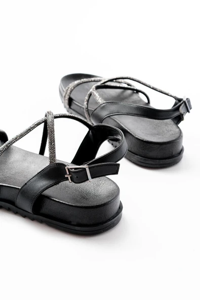 1001-1105 Siyah Platin Taşlı Günlük Kadın Sandalet - Resim 5