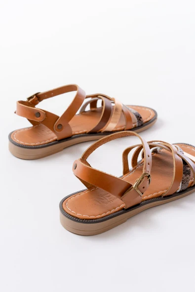 205-093 Taba Garni Hakiki Deri Ortopedik Taban Kadın Sandalet - Resim 4