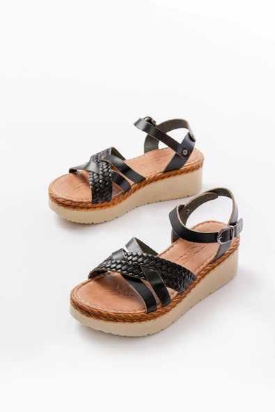 730-138 Siyah Örgü Hakiki Deri Ortopedik Taban Kadın Sandalet - Resim 4