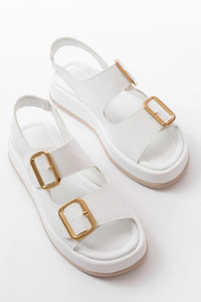 1187 Beyaz Dolgu Topuk Lastik Baretli  Kadın Sandalet - Resim 5