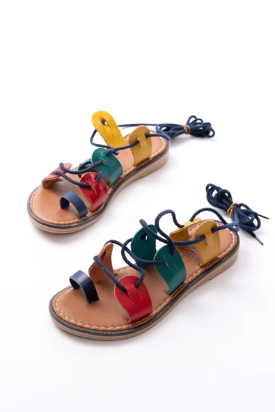 205-01 Multi Bilekten Bağlamalı Ortopedik Hakiki Deri Kadın Sandalet - Resim 5