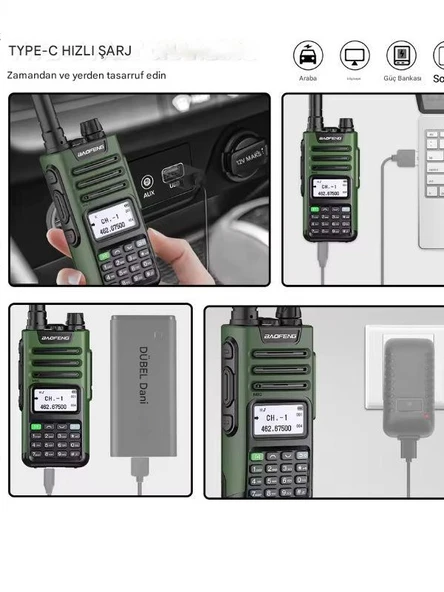UV-13 Pro Yeşil Su Geçirmez Uzun Mesafe 10W Çift Bantlı Type-C Şarj Telsiz Kulaklık Hediyeli - Resim 3