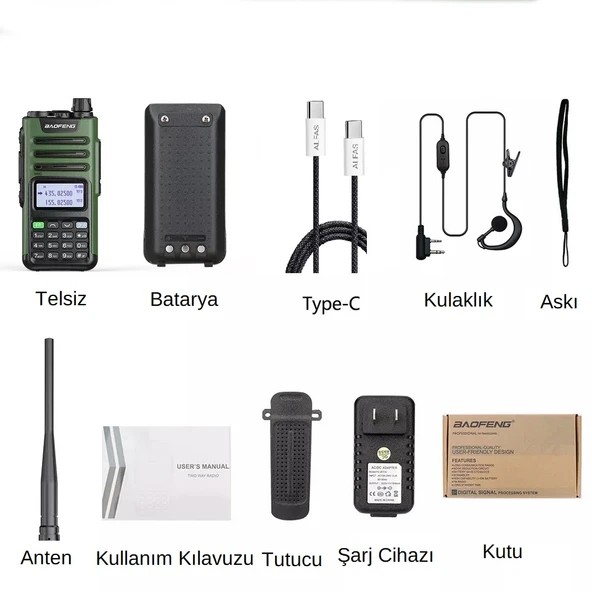 UV-13 Pro Yeşil Su Geçirmez Uzun Mesafe 10W Çift Bantlı Type-C Şarj Telsiz Kulaklık Hediyeli - Resim 7