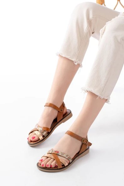 205-015 Taba Garni Ortopedik Hakiki Deri Dolgu Kadın Sandalet - Resim 2